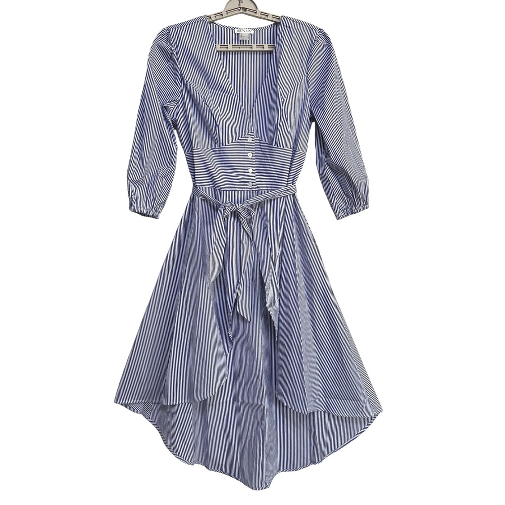 Venus Striped High Low Dress Womens 8 Blue White Coastal Old Money Nautical Midi